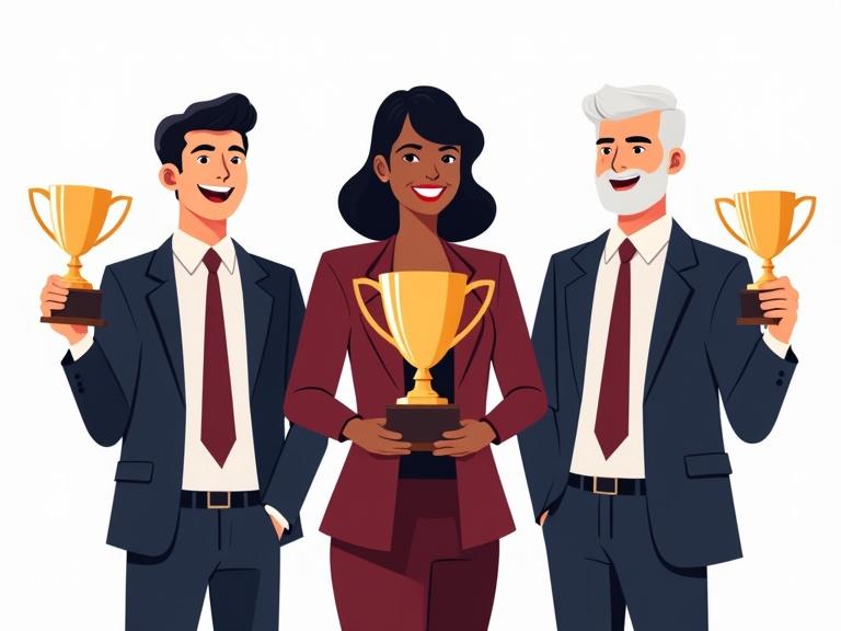 Illustration of three adults in professional business attire standing side by side. An Asian man holds a small trophy. A Black woman holds a large trophy. A White man holds a medium-sized trophy. All appear happy and united. Rich maroons and navy blues used in clothes. Background is transparent.