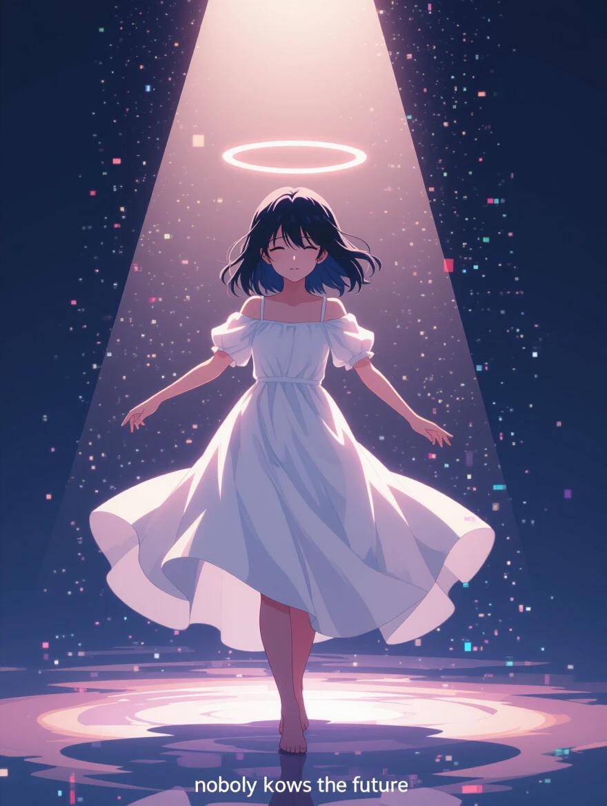 Anime girl dances alone. She wears a flowing white dress. A halo hovers above her head. Glitch art elements distort the background. Chromatic aberration adds effects. Ethereal lighting creates a surreal focus. Mood feels melancholic. Static trails and pixel smears enhance the scene. Theme reflects 'nobody knows the future'.