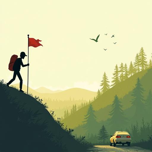 A stick man climbs a hill holding a flag and wearing a backpack. A parked car is visible at the bottom of the hill. The scene is surrounded by many trees and birds flying in the sky.