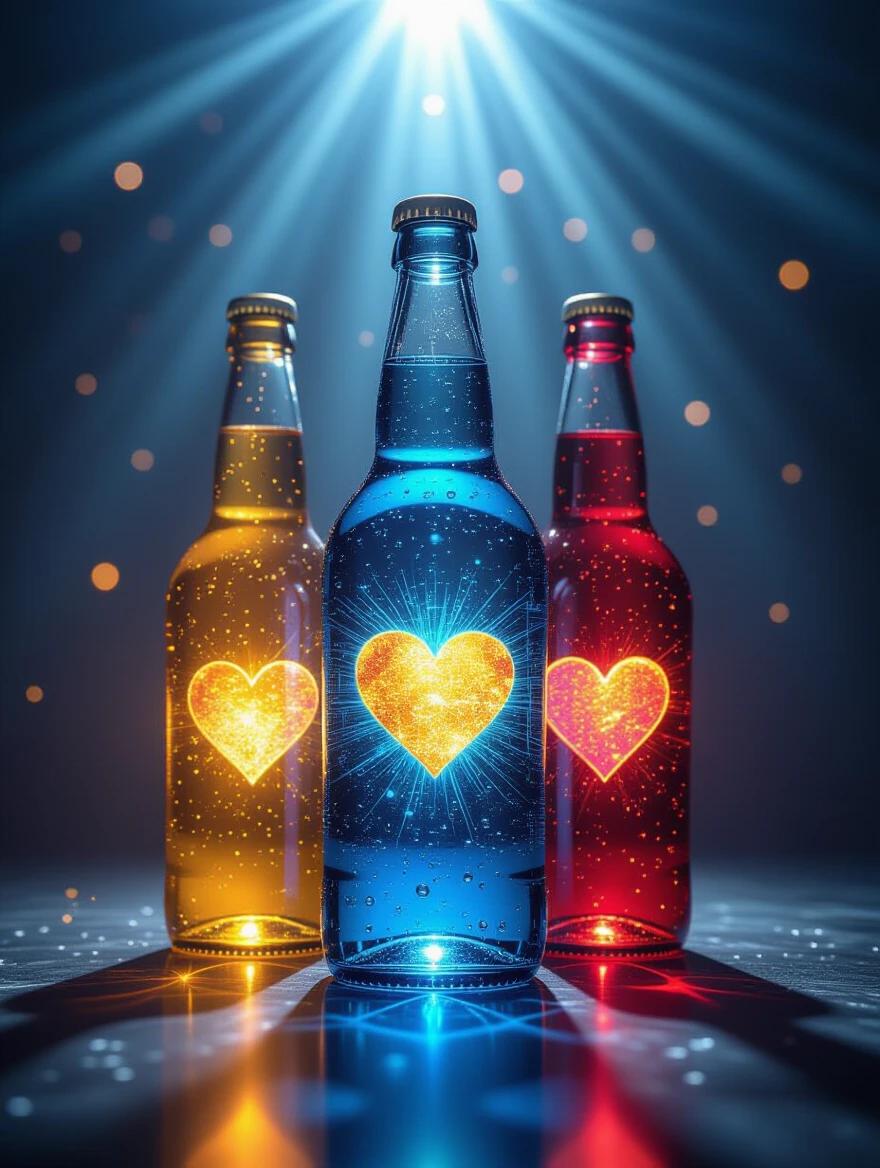 Three bottles illuminated from above. Each bottle represents a different theme: love, money, and passion. Bottles in blue, red, and orange, with heart shapes glowing inside. Background is dark with a dramatic spotlight effect. The image is hyper-realistic with detailed textures and lighting.
