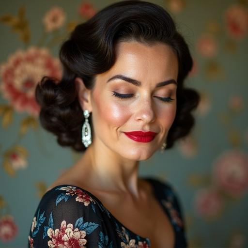 Portrait of a beautiful 35-year-old housewife. She has face wrinkles and a 1950's hairstyle. Big red lips highlighted. Wearing a vintage floral black and blue dress. Brunette with closed eyes, slightly smiling. Long diamond earrings featured. Floral wallpaper in background.