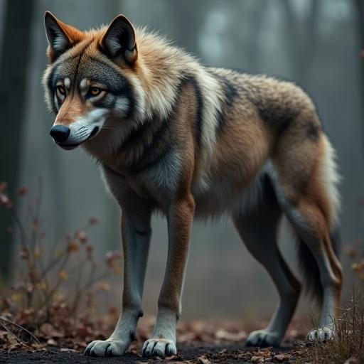 Full HD depiction of an alpha wolf in a DMT style. The wolf is portrayed in its full body with a commanding presence.
