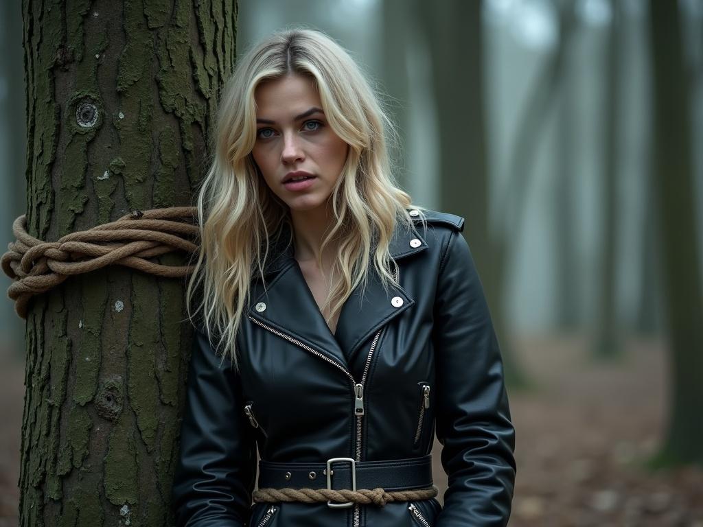 Blonde longhaired woman bound with rope in a black leather biker coat. Expression shows anxiety and fear. Stormy weather. Hair falls around shoulders. Standing against a tree. Mood is tense and unsettling.