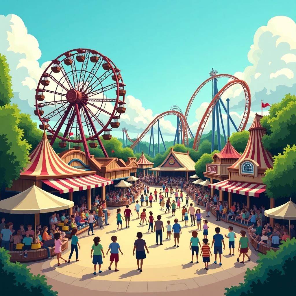 Cartoon image depicting a lively theme park scene. Features a Ferris wheel and roller coasters. Various amusement rides in the background. Crowds of people stroll around enjoying the day.