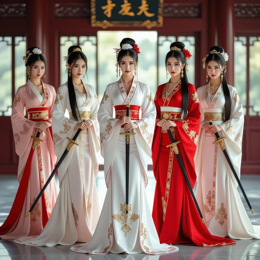 Eight beautiful women in traditional Chinese-style clothing stand in a palace room. They wear lingerie with gold accents. Each holds a sword. Hair is styled with floral ornaments. The setting reflects classic Chinese architecture.