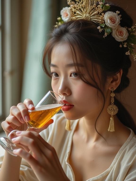 A young woman elegantly sipping a drink. She has a floral crown and wears beautiful earrings. The atmosphere is calm and cozy with soft lighting.