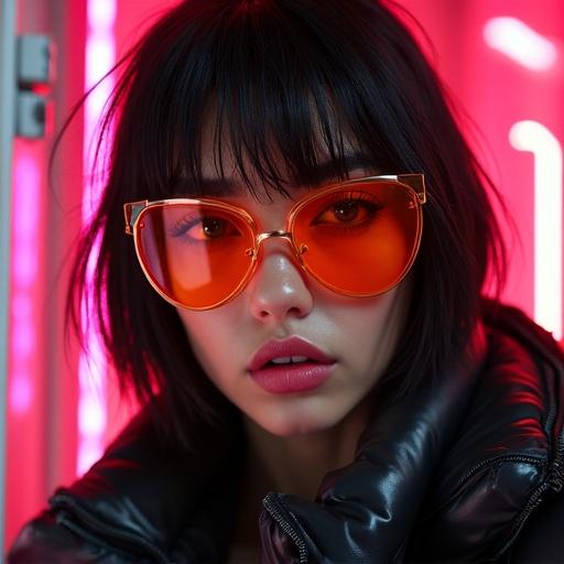 Close-up frontal portrait of a stunning cyberpunk girl wearing oversized orange visor sunglasses. She has wet, messy black bob-cut hair and glossy pink lips. Face is symmetrical with sharp cheekbones and intense eye makeup. Dressed in a shiny black futuristic puffer jacket. Background features a neon pink and red sci-fi tech wall. Cinematic lighting with rim light and soft shadows.