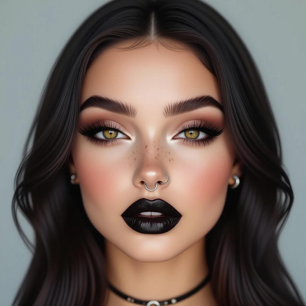 Realistic full-face portrait of a young gothic woman with a rounded face. She has full lips with glossy black lipstick. Her eyes are dark, framed by long lashes and bold eyeliner. Her cheeks have henna freckles. A silver septum ring is on her nose. Long dark hair flows freely. The background is plain and neutral. The portrait has soft, even lighting and is highly detailed.