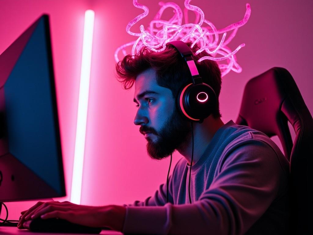 A person wearing headphones is deeply engaged in playing a racing game on his computer. Surrounded by vibrant pink lighting, the atmosphere is electric. This individual has glowing pink tendrils extending from his head, giving him a futuristic and surreal look. The contrast between the dark setting and the vivid neon enhances the overall aesthetic. He is focused intently on the monitor, embodying the spirit of modern gaming culture.