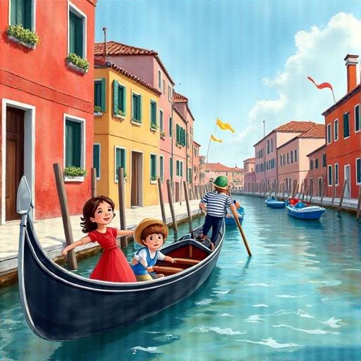 Illustration for a children's book featuring a sunny day in Venice. A gondola arrives at colorful canal-side buildings. A wide-eyed girl in a red dress is pointing. An excited boy in blue overalls leans over the gondola. A mom takes pictures, and a dad holds the girl's hand. A friendly gondolier helps them. The scene includes red buildings, blue boats, and waving flags, all in a cheerful atmosphere.