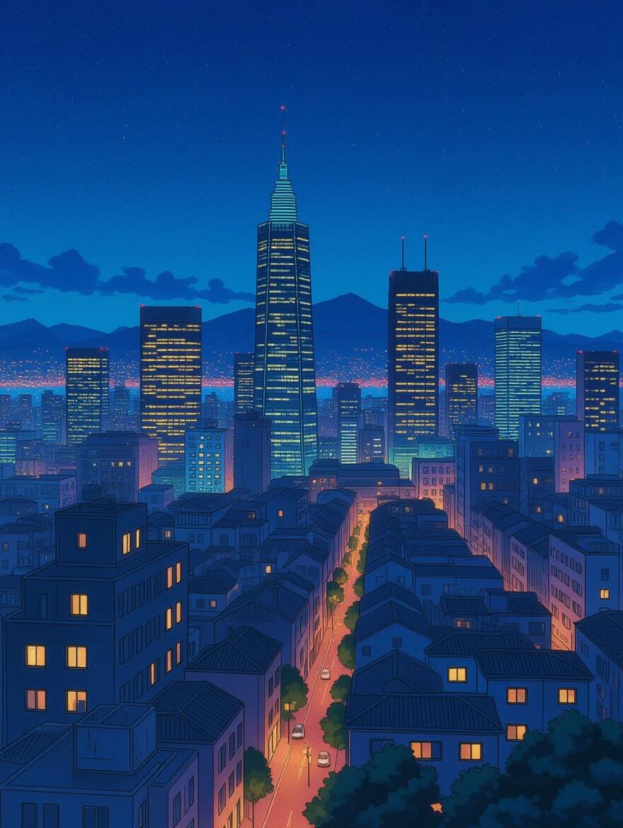 Anime style illustration of a city skyline at night. Dynamic lighting with vibrant colors. Tall skyscraper with spire stands out against the backdrop. Streets lined with buildings glowing warmly. Studio Ghibli vibes present throughout.