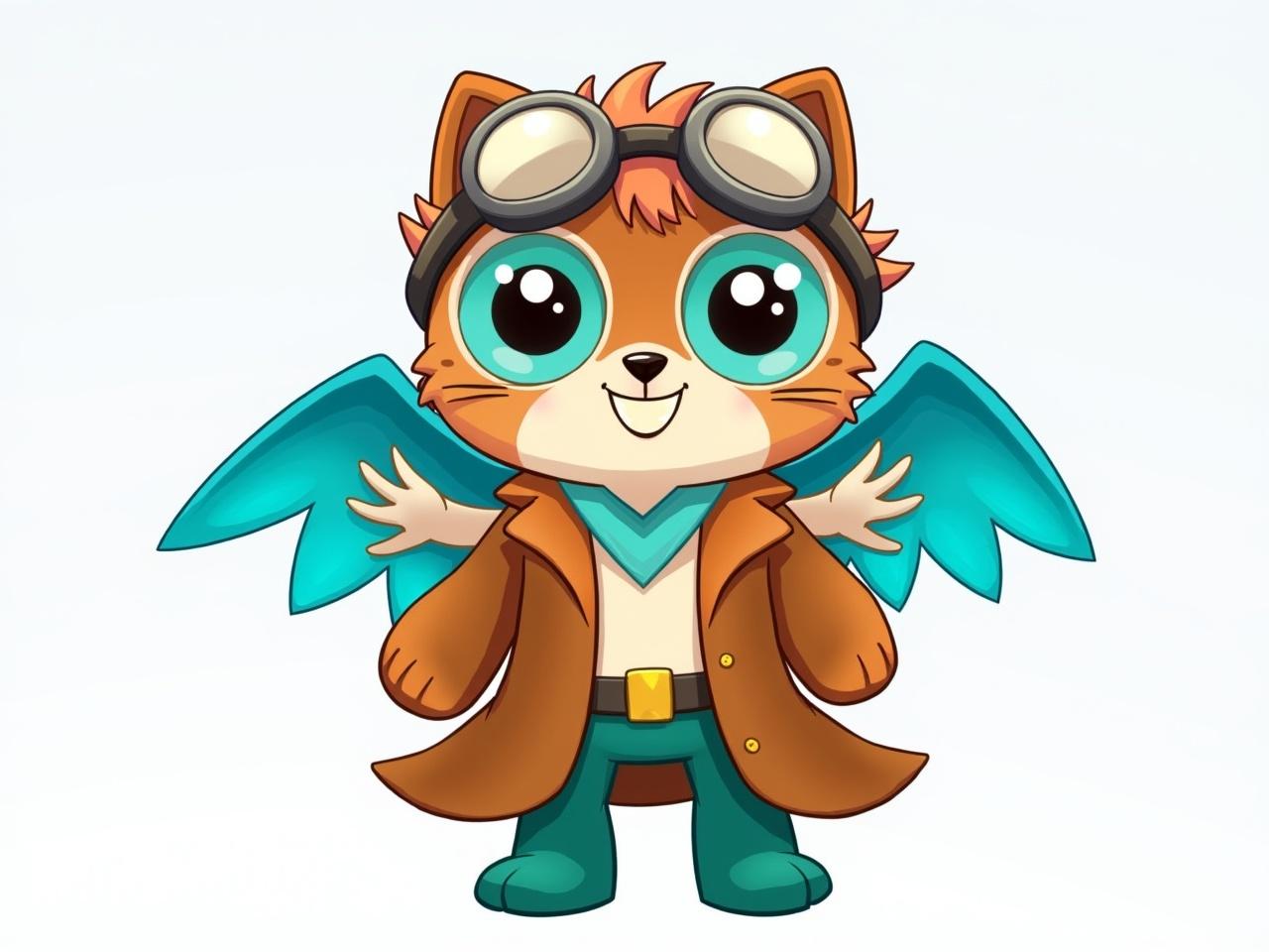 This image features a whimsical cartoon character with an adventurous appearance. The character has large round goggles on their forehead and a cheerful smile. They sport a stylish outfit with a brown coat and teal accents. Notably, the character has vibrant blue wings, suggesting they have the ability to fly. Overall, the design has a playful and friendly vibe, perfect for a fantasy or adventure setting.