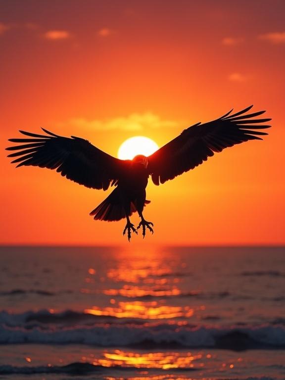 Bird captured in mid-flight against a sunset over the ocean. Dark silhouette with outstretched wings. Sharp beak and talons visible. Talons reaching toward the sun. Streamlined body and fanned tail feathers. Ocean with gentle waves reflecting sunset colors.