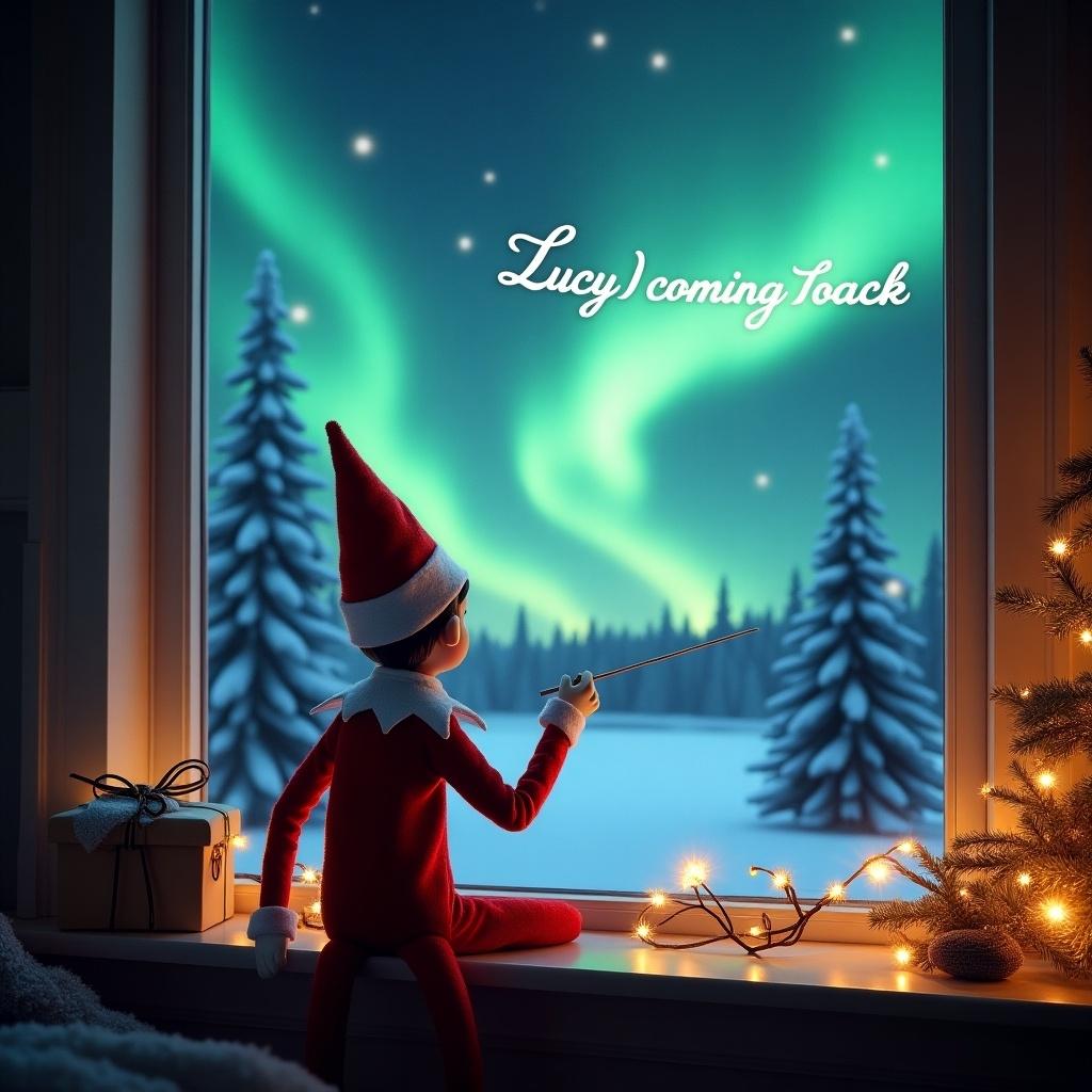 The image features an elf on the shelf with its back to the viewer, gazing out a window into a magical Christmas night. The elf is using a wand to write 'Lucy I’m coming back' in the sky. The vibrant Northern Lights illuminate the scene, casting beautiful colors. Outside the window, snow-covered trees create a serene winter wonderland. The room is cozy, adorned with Christmas decorations, enhancing the festive atmosphere.