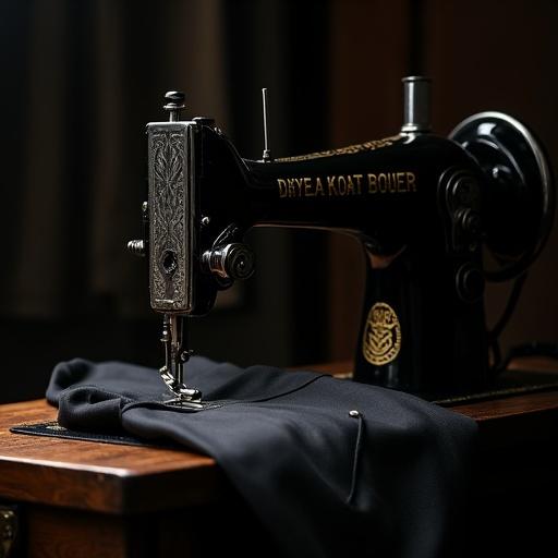 Stylish vertical shot of a vintage black sewing machine in operation. Machine works on a premium black suit. Mood set by rich textures and dark shadows. Elegant branding scene emphasizes craftsmanship.