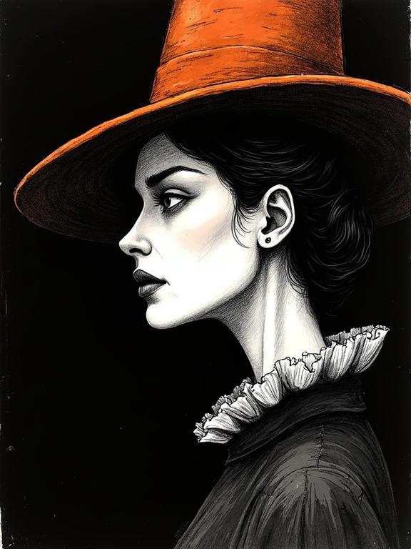 Ink illustration of a queen with a heritage theme. Features distinctive hat, soft gaze, quarter-turn profile, sly expression. Black background heightens image depth. Emphasis on contours and textures.