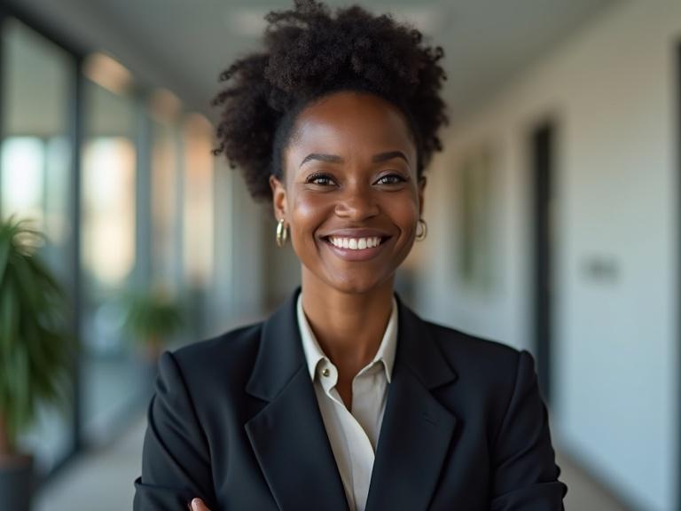 A confident Black British woman in a professional business suit stands in a bright office. She expresses empowerment, as if giving feedback in a mock interview. The lighting is even, illuminating her face. The focus is on her upper body, with a blurred neutral background and no teeth visible.