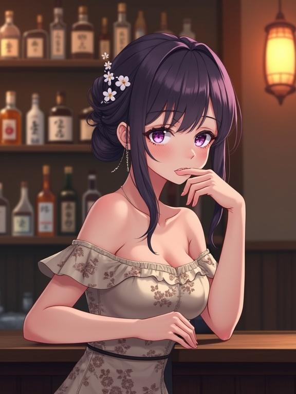 A semi-anime-style woman with dark violet hair styled up adorned with small white flowers and sparkling accents. She has light violet eyes with a melancholic gaze. She wears an elegant, off-the-shoulder light beige dress with a floral pattern cinched at the waist with a dark belt. Her left arm rests on the bar counter while her right hand touches her cheek. She is seated at a wooden bar counter in Sakai, Osaka, Japan with shelves of bottles and glowing lanterns in the background.