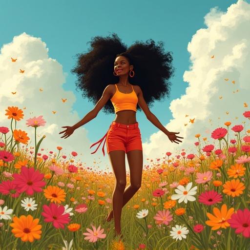 A young black woman with a joyful expression dancing in a vibrant field full of colorful flowers. The scene captures bright sunlight and natural beauty. Inspired by animated styles similar to DC Young Justice.