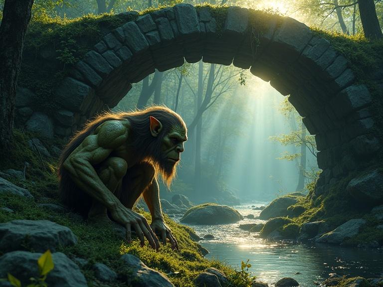 Crouching troll under a stone bridge. Mossy textures surround. Moonbeams filter through trees. Soft glow in a mystical forest. Vivid colors and high quality.