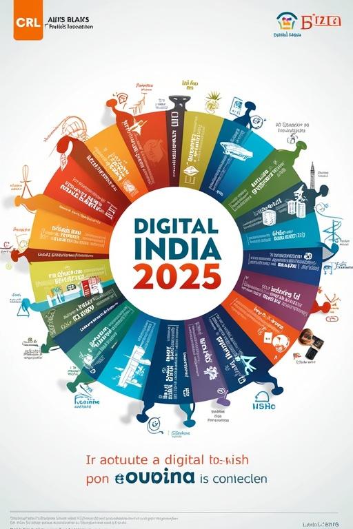 Digital poster showcasing Digital India 2025. Emphasizes innovation and progress. Vibrant circular layout. Includes imagery related to technology and various sectors. Typography highlights connected digital future.
