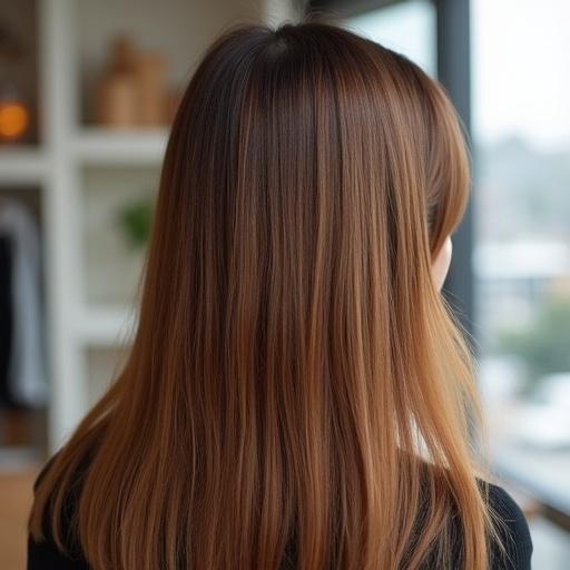 Displaying the back of a person with shiny straight hair emphasizing a cowlick. Natural and bright indoor environment with a focus on hair.