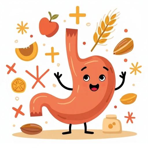 Flat design cartoon illustration depicting a smiling stomach character. Surrounded by probiotic symbols. Includes healthy foods crossed out like wheat and nuts. Features a golden medical cross symbol. Uses warm orange and brown colors with thick black outlines. Set on a white background.