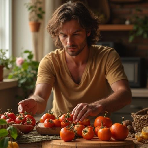 Man arranging fresh tomatoes on a wooden table in a kitchen. Natural light fills the room. Focus on vibrant colors of the tomatoes and the man's hands.