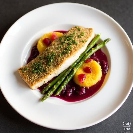 Sea bass fillet topped with cucumber-nut breading presents elegantly. Accompanied by caramelized baby corn, asparagus spears, and a vibrant red cabbage sauce made with wine. Mashed yams served with fresh strawberries round out the dish.