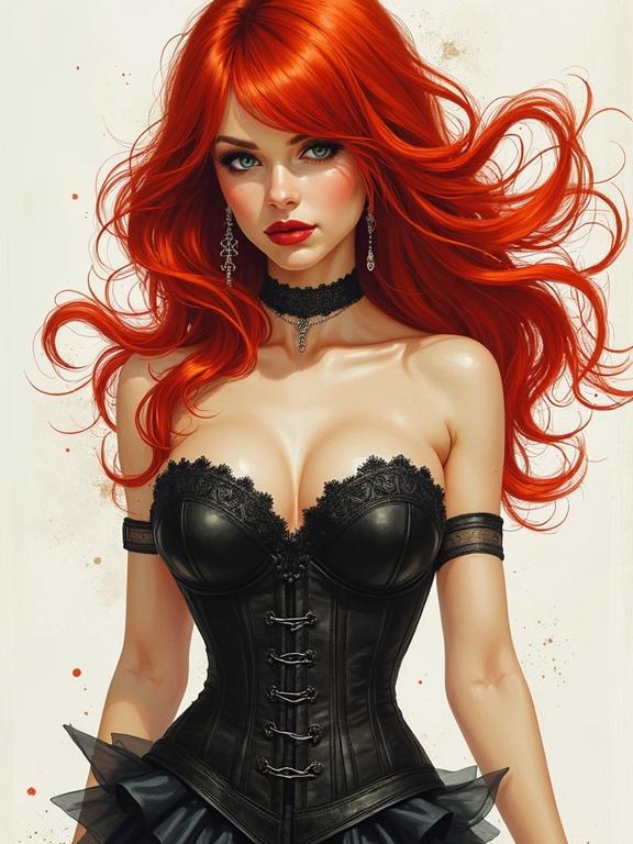 Elegant redhead with flowing hair in a corset and edgy graphic novel style. Watercolor art inspired by multiple artists.