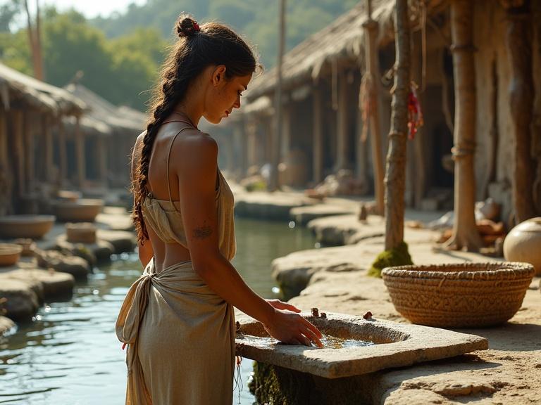 Young woman from a post-apocalyptic Bronze Age village washes handmade clothes beside a stone aqueduct. Skin shows texture and freckles. She wears a linen tunic tied with plant fibers, hair partially braided. Nearby are woven baskets and mossy stones. The aqueduct features tribal patterns. Background includes wooden huts and cloth awnings. Morning light creates a warm atmosphere. Hyper-detailed image with natural materials only.