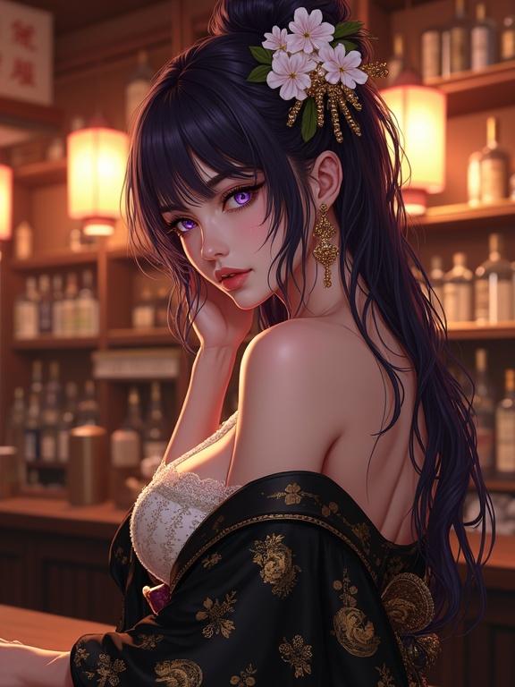 Semi-anime style digital painting of a beautiful woman with dark violet hair and white flowers. Light violet eyes with a serene expression. Wears a black and gold kimono-style top. Posed at a dimly lit Japanese bar.