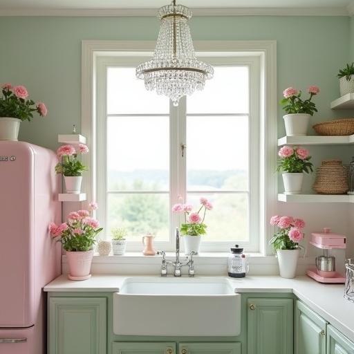 A kitchen featuring light pink, sage green, and white colors. Crystal chandelier illuminates the space. Flower pots with pink roses on shelves by a big window over the sink. A pink refrigerator displayed.
