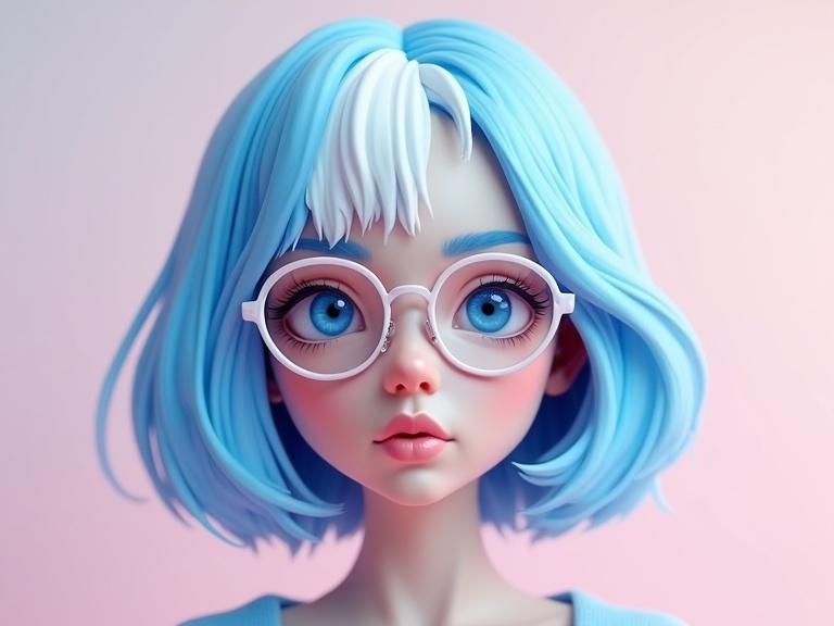 3D digital art illustration of a Finnish woman with half-blue and half-white bob hair in front of a pastel background. Makeup includes blue eyeshadow and white accents. Glasses on her nose and delicate features create a unique look. A soothing pastel backdrop blends pinks and lavenders.