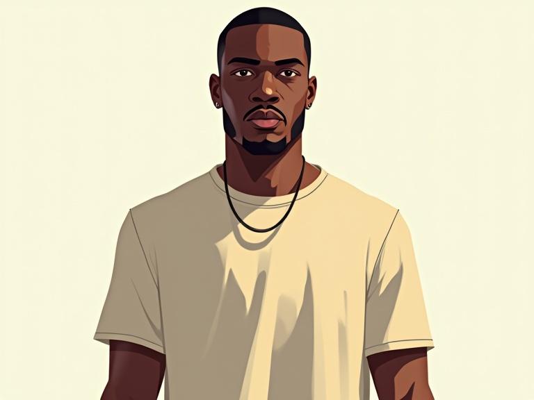 Flat 2D illustration of Black male character in style of Grand Theft Auto III. The character directly faces and looks at the camera. Full frontal view with bright light. Solid color t-shirt. No background. Digital illustration inspired by GTA 3.