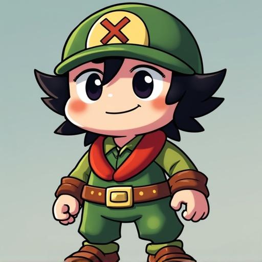 Character named Kaze portrayed in a playful and cute style. He has short black hair, a green military-style outfit, and wears a cap. The character has a cheerful expression and features a red scarf. Background is a light gradient.