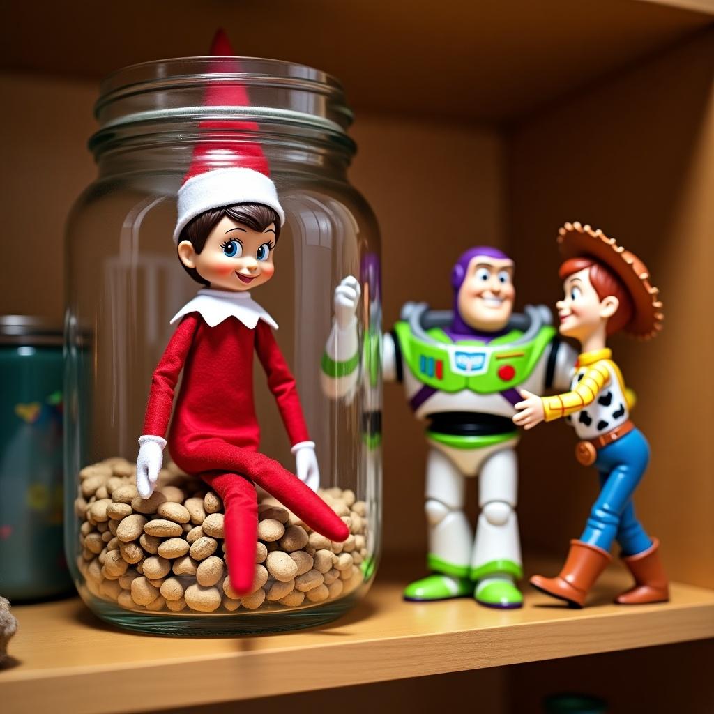 Elf figure inside a jar. Buzz Lightyear and Woody toys stand beside the jar. Bright and colorful arrangement. Playful setting for children's decor.