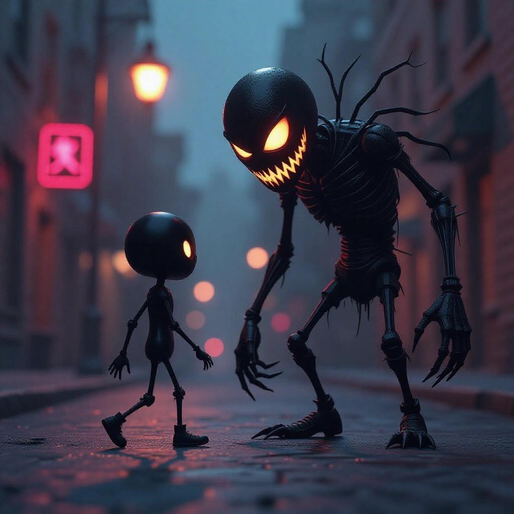 Faceless miniature stickman in a cinematic noir setting. Slightly hunched posture with wire-like limbs. Hesitant yet deliberate movements showing curiosity. Scene captures tension as shadow morphs into a monstrous shape under low-angle streetlamp light. Colors contrast inky blacks with electric pink neon. Style emphasizes exaggerated shadow play with sharp edges.