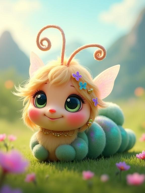 A whimsical animated creature that resembles a caterpillar. It has a round peach-colored face with large green eyes and a joyful expression. The body is a glossy teal with iridescence. Hair is light blonde with small butterflies and golden beads. The background is a magical meadow with flowers and distant mountains.