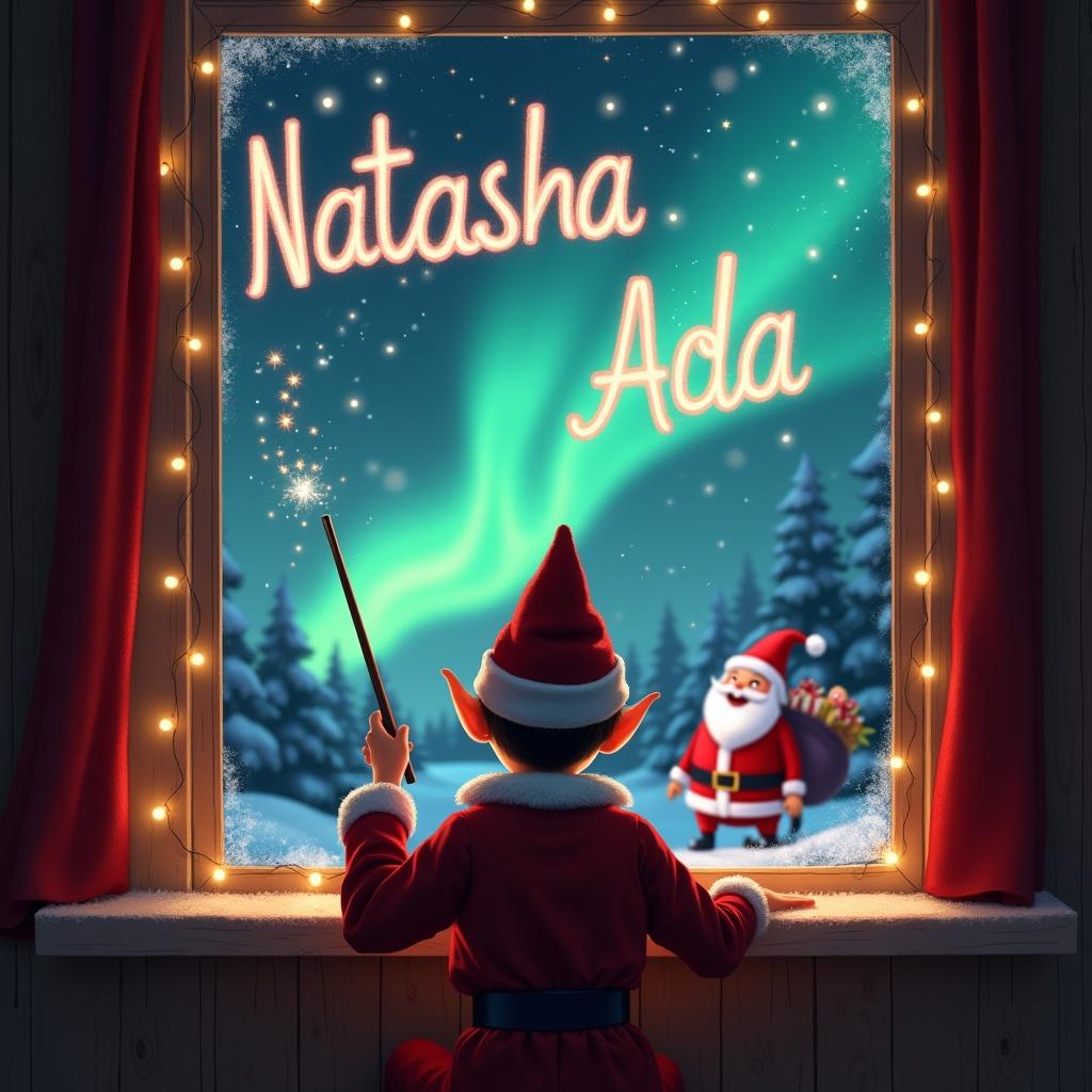 In a cozy room during Christmas, an elf sits with his back to the viewer, gazing outside at a magical scene. He holds a wand, skillfully tracing the names 'Natasha' and 'Ada' in the air. Colorful northern lights dance in the sky, creating an enchanting backdrop. In the background, Santa Claus appears joyfully, enhancing the heartwarming holiday atmosphere. The window frame is adorned with twinkling lights, adding to the festive feel of the scene. This delightful image captures the wonder of the holiday season and the joy of personalized magic.