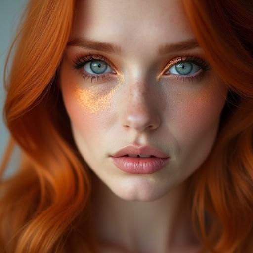 Close-up portrait of a ginger model showcasing metallic copper eyeshadow and stunning blue eyes. Soft warm lighting enhances her features.