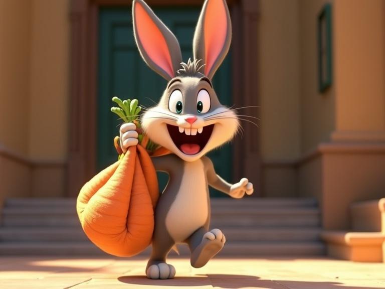 Bunny character is joyfully escaping with a bag of carrots. The setting features a Pixar-inspired 3D cartoon style.