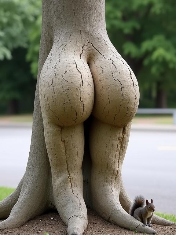 Tree trunk shaped like human buttocks and legs. Bark is light brown and grey with cracks. Rounded buttocks protrude from trunk. Legs extend downwards. Squirrel at base of legs. Green outdoors in background.