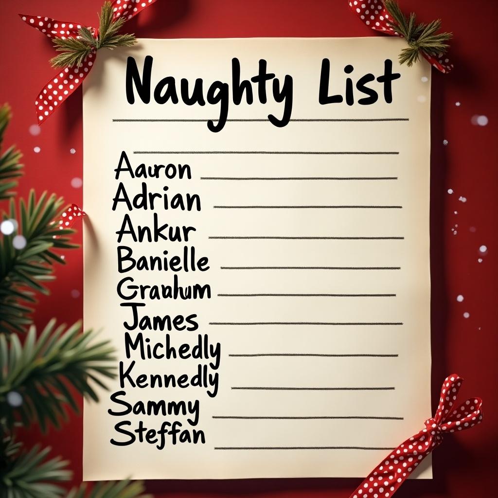 Picture shows a festive Naughty List with names appearing on it. The background features Christmas decorations. The list is prominently displayed with holiday-themed aesthetics.