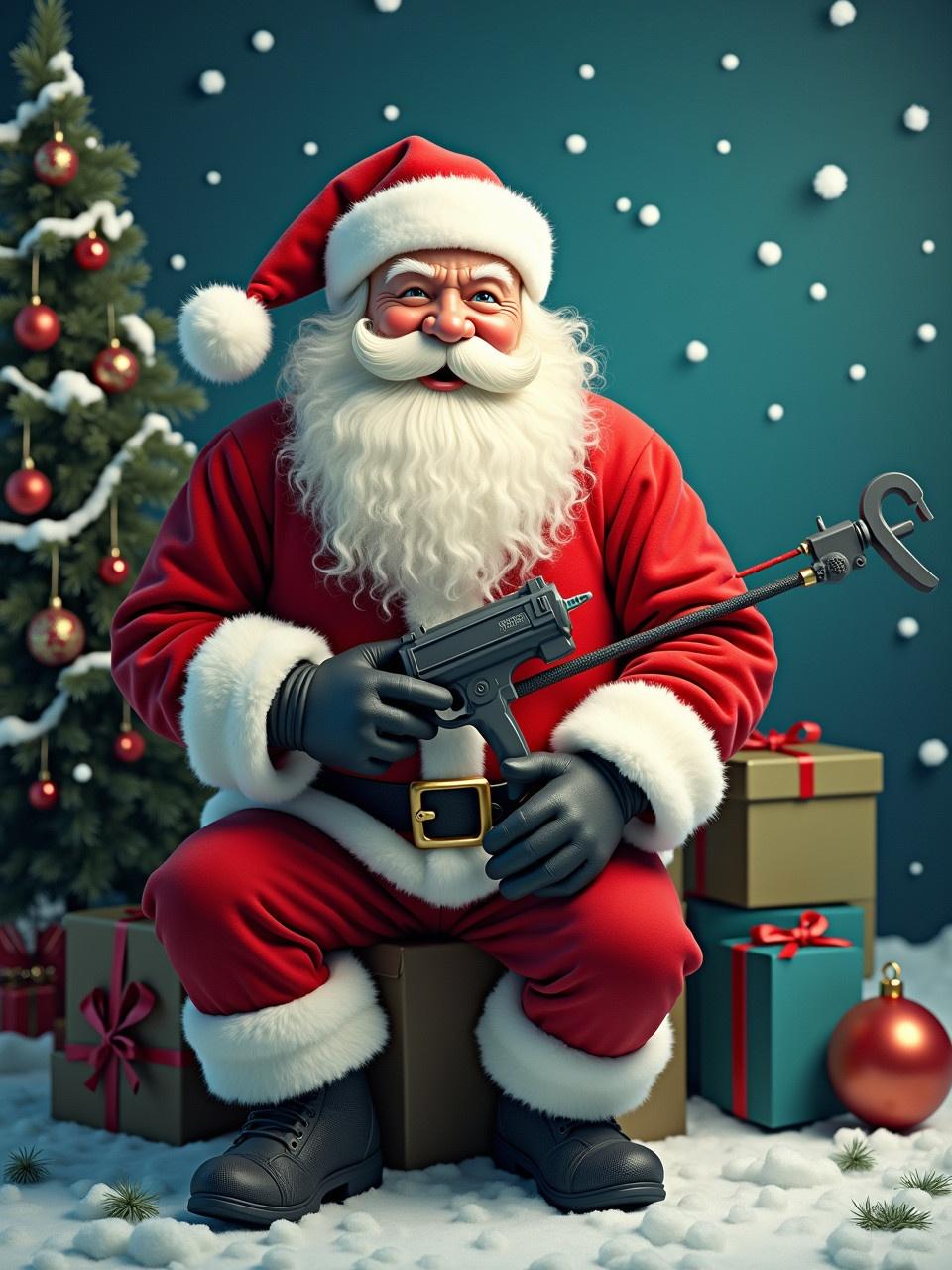 A colorful poster showcases Santa Claus as a mobile repair technician. Santa holds a smartphone and tools amid festive decorations. The background features holiday lights. The setting is cheerful and inviting, blending Christmas spirit with technology repair services.