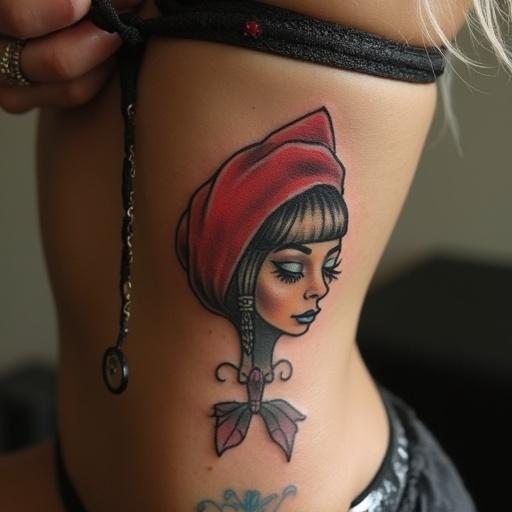 Tattoo of a girl with a red headscarf on the side of a body