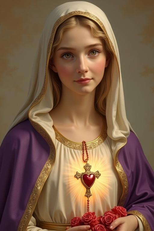 Classical painting style or realistic digital painting. Close-up of Virgin Mary with upper body focus. Light inner robe with gold embroidery. Purple cape with gold trim. White headscarf with gold trim revealing blond hair. Young fair-skinned face with gentle smile and brown eyes. Right hand extended holding a red rosary. Golden cross with detailed relief. Flaming glowing Sacred Heart below. Surrounded by red roses. Soft warm color background. Bright soft light from front. Natural shadows and highlights.
