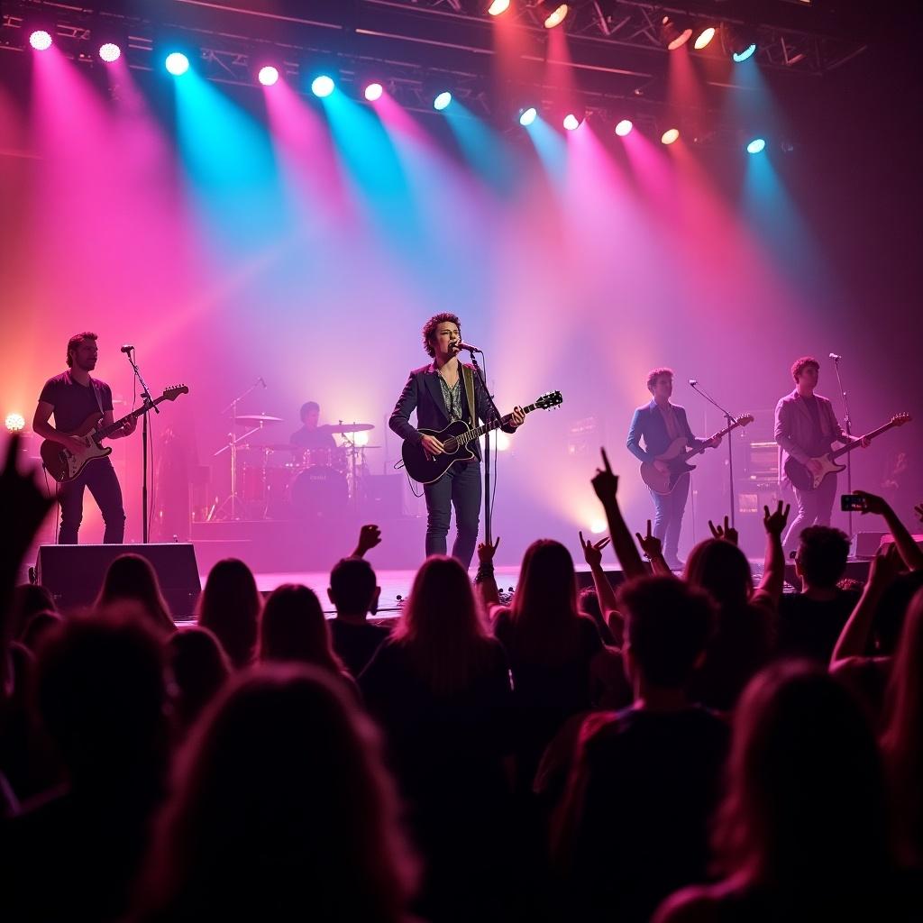 Live band performing on stage with vibrant lights. Crowd enjoying the music. Lead singer holding a guitar. Other band members in the background. Concert atmosphere with colorful lights.