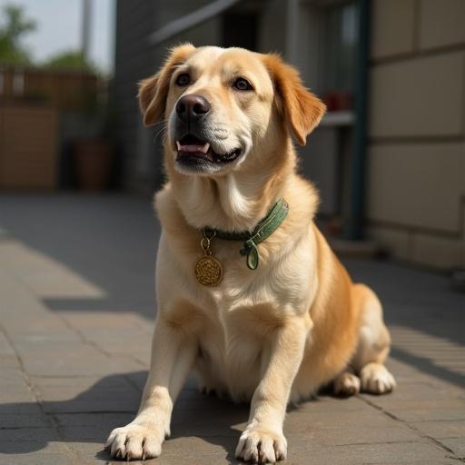 A dog with human legs sitting and smiling in a sunny outdoor setting.