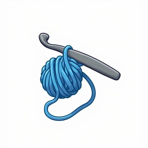 Logo design featuring a grey crochet hook with blue string yarn in a cartoon style. The background is white.